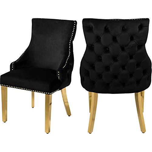 Meridian Furniture Collection Modern | Contemporary Velvet Upholstered Dining Chair with Tufted Back and Gold Sturdy Stainless Steel Legs, Set of 2, 24