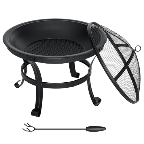 SINGLYFIRE 26 Inch Fire Pit for Outside Outdoor Wood Burning Firepit Bowl Heavy Duty Bonfire Pit Steel Firepit for Patio Backyard Camping Deck Picnic Porch with Spark Screen,Log Grate,Poker