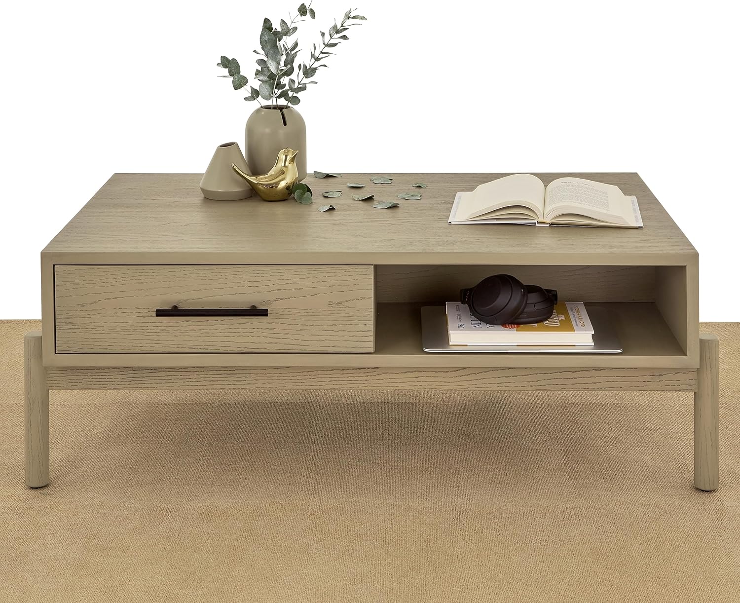 Bme Lyra Solid Wood Rectangle Coffee Living Room-Mid Century Modern Center Table with Storage-Easy Assembly, 42'' x 25.6'' x 15.8'', Oak Light Grey