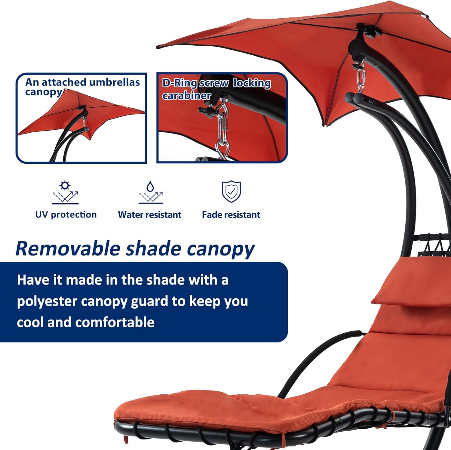 Hammock Hanging Chaise Lounger Chair, Arc Stand Porch Swing Chair with Umbrella and Pillow, Outdoor Hanging Curved Chaise for Patio Poolside Backyard Garden,330 LBS Capacity