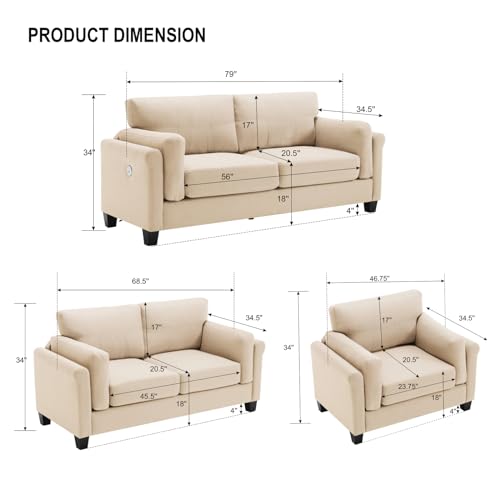 Modern 2-Piece Sofa Set Couch and Loveseat Set, 2+3 Seater Sofa Set for Living Room and Bedroom, 3 seater sofa is equipped with 2 built-in charging ports—1 USB-A and 1 Type-C,Gray