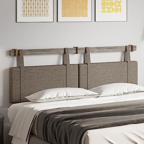 BELLEZE Wall Mounted Headboard for Queen Size Bed, Linen Fabric Padded Headboard Queen Upholstered Head Boards Solid Wood Hanging Headboard Panels with Stainless Steel Hooks for Bedroom - Pebble Grey
