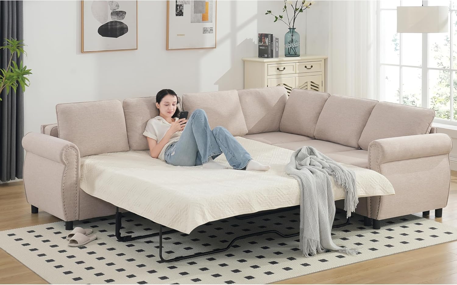 Modular Sectional Sleeper Sofa Couch with Pull Out Bed, 6 Seater Sofa Bed, Convertible L Shaped Sectional Couch for Living Room, Comfy Couch for Apartment, Studio, Office, Home Furniture, Beige