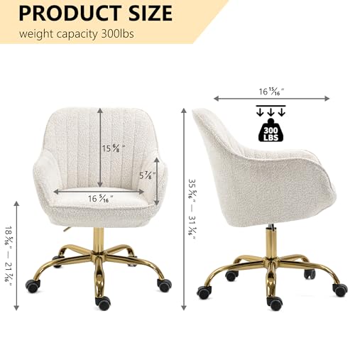 360° Velvet Swivel Chair with High Back, Desk Chair for Home Office Velvet Chair Upholstered Office Chair with Gold Base Swivel Wheels and Adjustable Height Armchair Study Work Stool (Yellow)