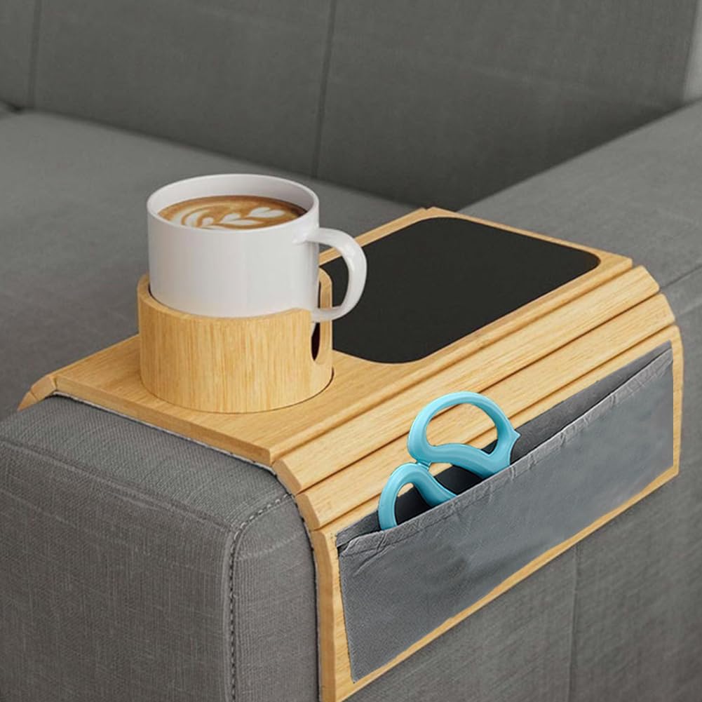 Bamboo Sofa Arm Tray Table with Storage Bag, Couch Cup Holder with 360° Rotating Drink Holder, Foldable Couch Armrest Tray with Anti-Slip Design for Phone, Cups, Remote.