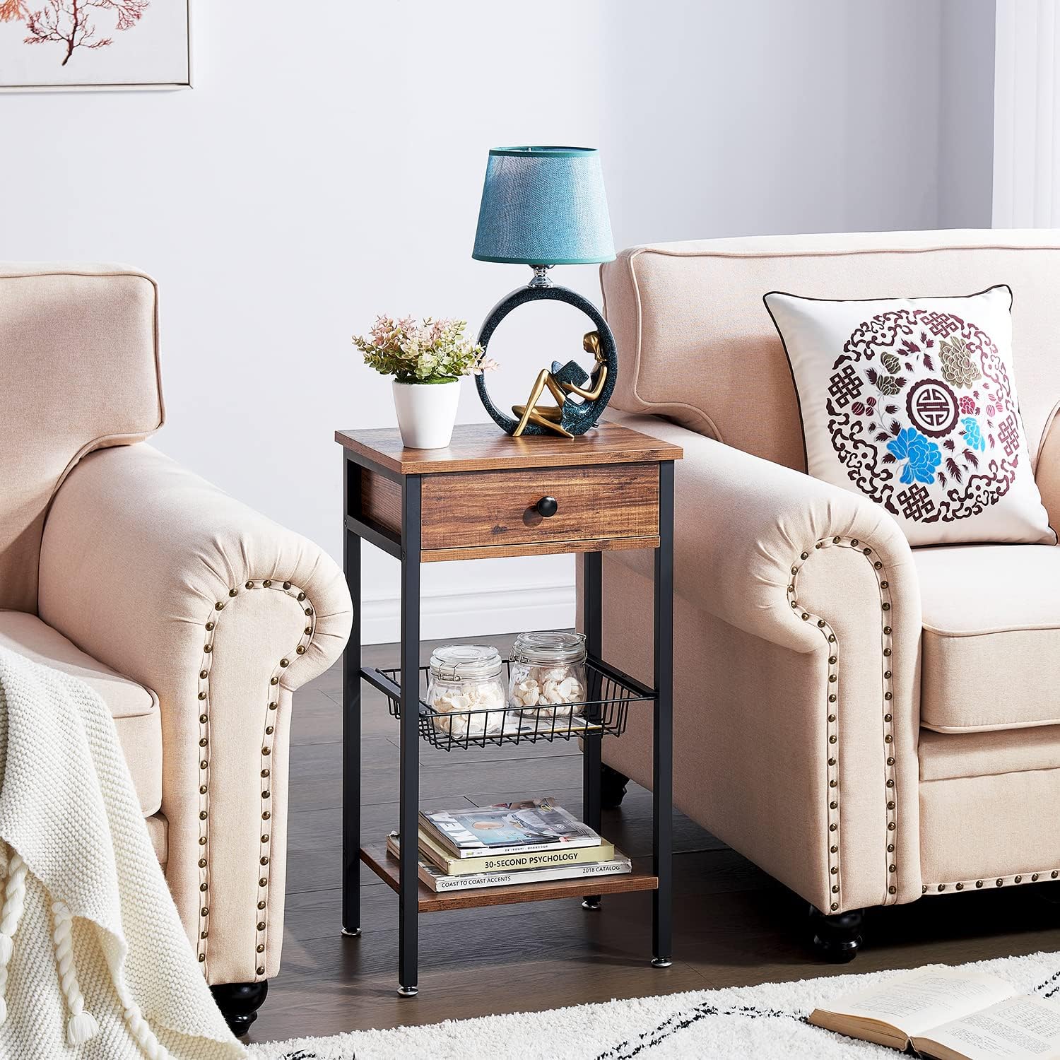 VECELO Tall End Side Table Nightstands Shelf Storage Organizer with Basket, 1 Set, Brown