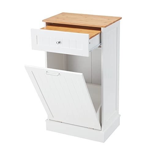 Tilt Out Trash Cabinet, Kitchen Freestanding Wood Recycling Trash Cabinet with Drawer & Cutting Board, Recycling Cabinet with Hideaway Drawer, 10 Gallon Tilt Out Trash Cabinet Kitchen(White)
