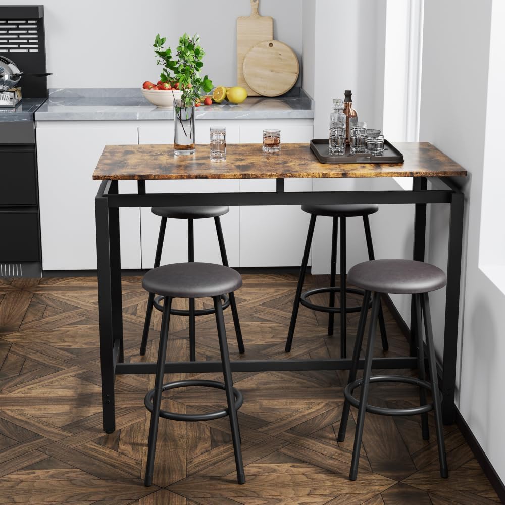Bar Table and 4 Chairs Set Industrial Counter Height Pub Table with Bar 5 Pieces Dining Set Home Kitchen Breakfast, PU Upholstered Stools with Backrest, Rustic Brown