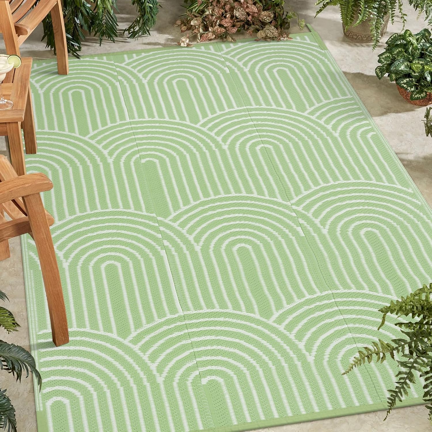 Lahome Deck Rugs Outdoor Waterproof 6x9 Patio Outside Rug, Plastic Straw Rug Reversible Rv Mat,Large Porch Floor Area Rug,Portable Camping Carpet for Balcony Tent, Rainbow Green