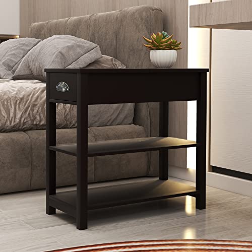 RASOO End Table Living Room Narrow Sofa Side Table with Drawer and 3-Tier Shelves Slim Bedside Nightstand for Small Space (White-1)