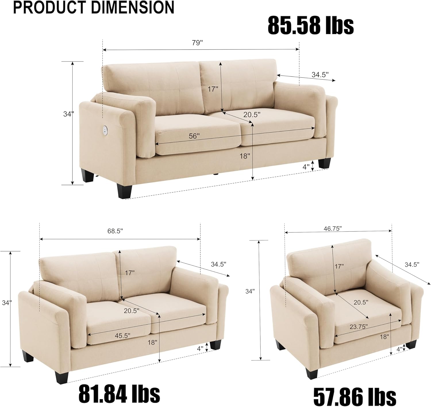 East Fan 3 Pieces Living Room Sectional Sofa Set,Living room Couch Set, Upholstery Armchair Sofa, Loveseat Sofa and 1 USB 3 Seat Couch,Khaki Sofa (1-Seater+2-Seater+3-Seater)