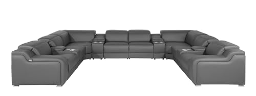 Ibero 12-Piece Italian Leather Sectional Sofa Set with 4 Recliners, Power Adjustable Headrests, USB and Wireless Phone Charger and Console Storage, Light Gray