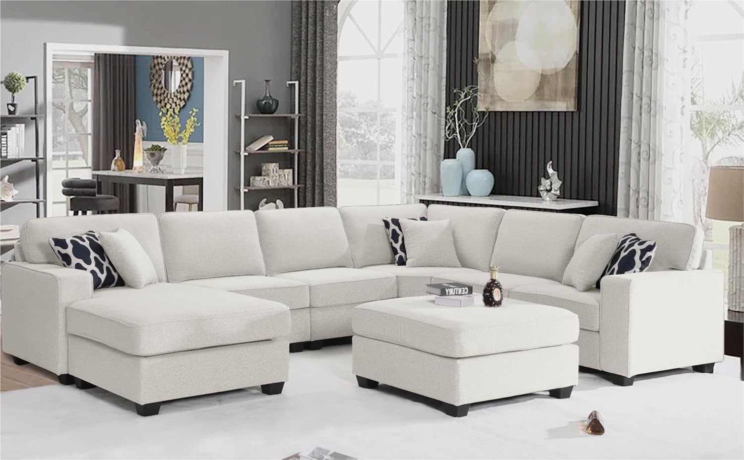 137'' Reversible Flexible Combination Modular Sofa Couche with Ottoman Sectional, Cream