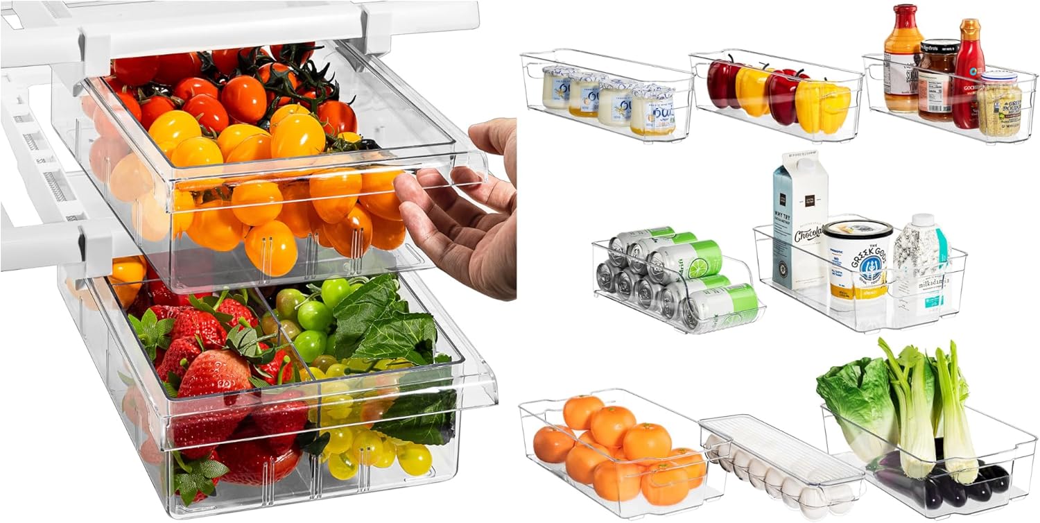 Sorbus Kitchen Organization Bundle - Includes 2 Pull Out Fridge Drawers & 8 Fridge Organizers in Varying Sizes