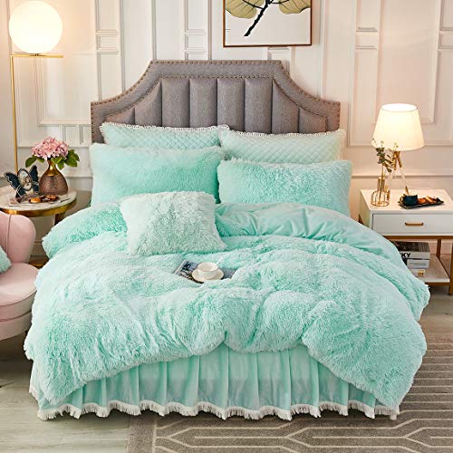 JAUXIO Luxury Plush Long Faux Fur 3 Pieces Bedding Set Shaggy Comforter Duvet Cover with Pillow Shams Ultra Soft Crystal Velvet Reverse (Queen, Light Grey Ombre)