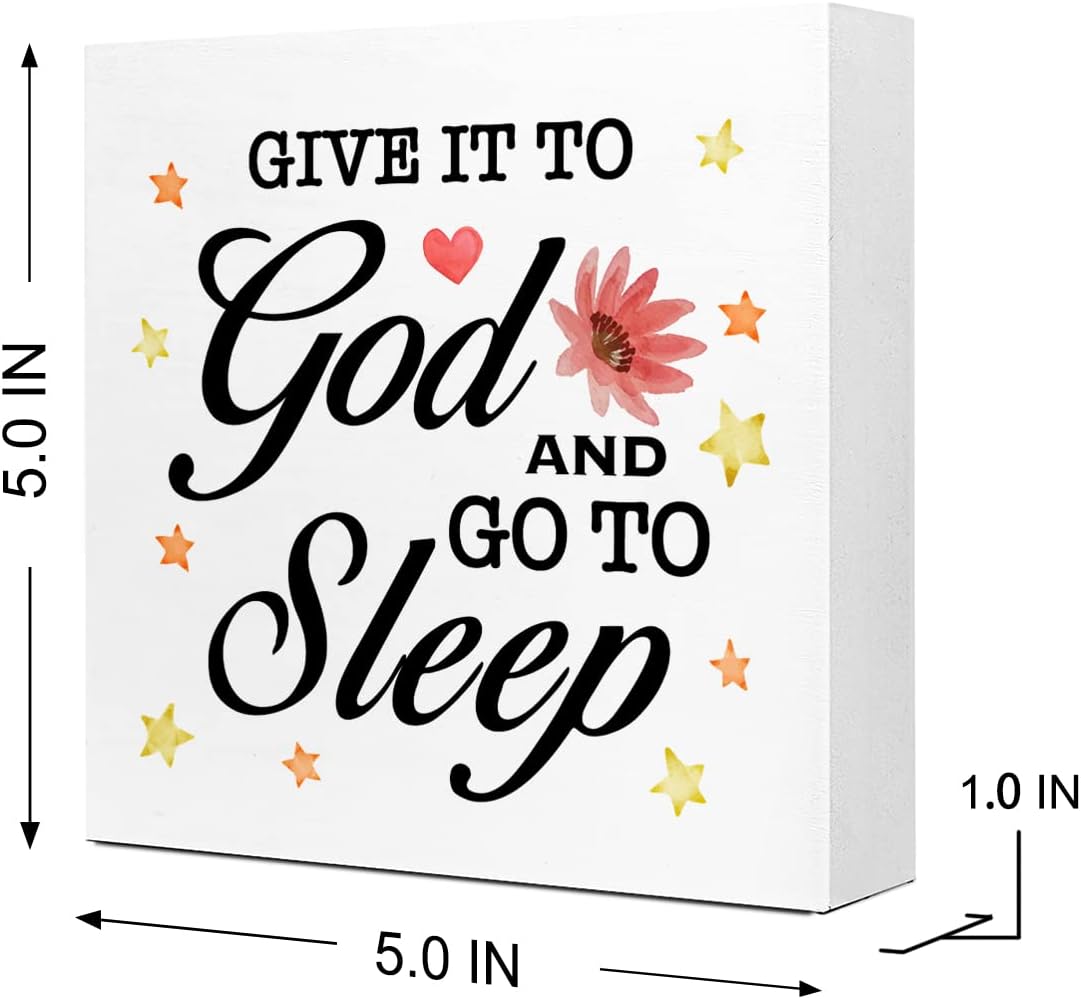 Give It to God and Go to Sleep Wooden Sign Desk Decor,Rustic Bedroom Religious Wood Block Sign Desk Decorations for Christian Home Bedroom Girls Room Shelf Table Decor