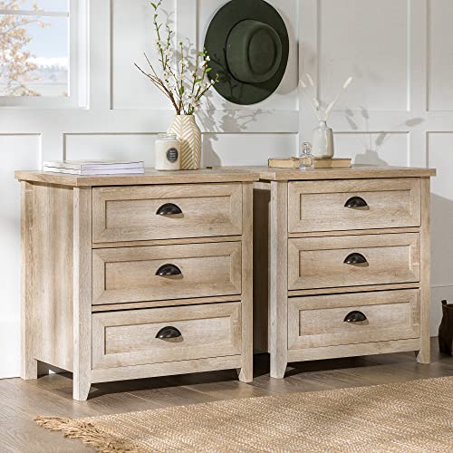 Walker Edison Hazel 2-Piece Modern Farmhouse 3 Drawer Framed Nightstand with Half-Moon Handles, Set of 2, White Oak