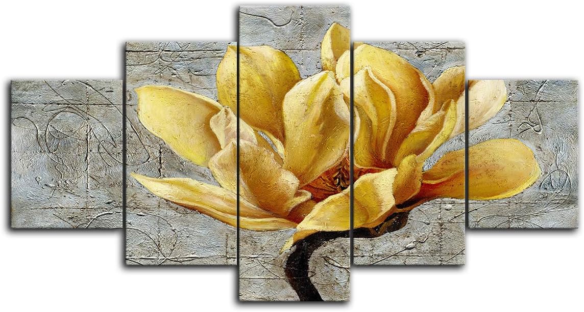 Black White Yellow Grey Rose Flower on Grey Wooden Board Modern 5 Panels Decorative Painting Canvas Wall Art for Living Room Bedroom Bathroom Stretched and Framed Ready to Hang