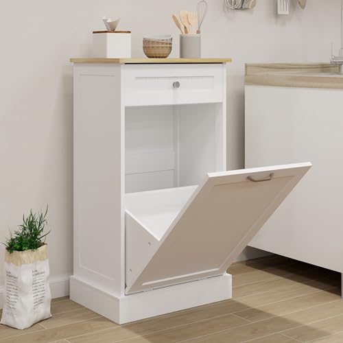 Tilt Out Trash Cabinet, 10 Gallon Wood Free Standing Laundry Sorter Trash Can with Drawer, Kitchen Garbage Can Recycling Bin Cabinet for Living Room Bathroom, White