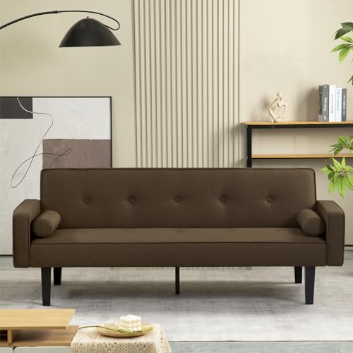 Futon Sofa Bed, Convertible Couch Bed with Armrests, Modern Living Room Linen Sofa Bed, Folding Recliner Futon Couch Sleeper Set with Solid Wood Legs (Light Grey)