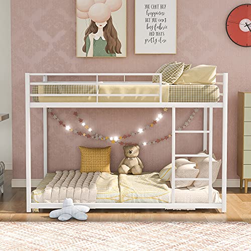 Full Over Full Bunk Bed Metal Bunk Bed Low Bunk Bed with Full-Length Guardrails&Ladder, 2 in 1 Bed Frame, No Box Spring Need (Full,White)