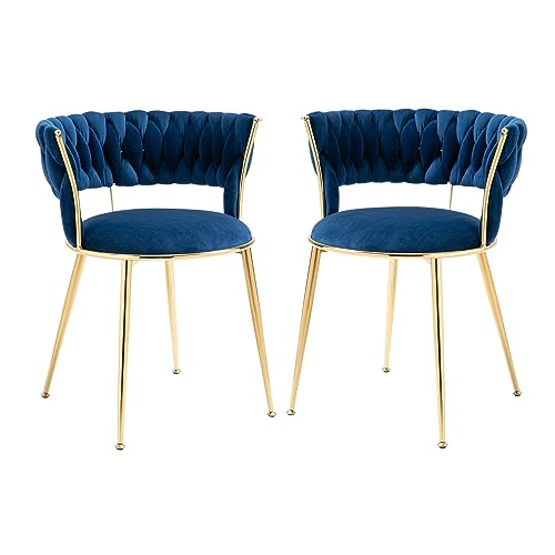 Dining Chair Set of 2, Velvet Woven Upholstered Dining Chair with Gold Metal Legs, Dining Chairs Kitchen Chairs for Dining Room, Kitchen, Vanity, Living Room, Teal