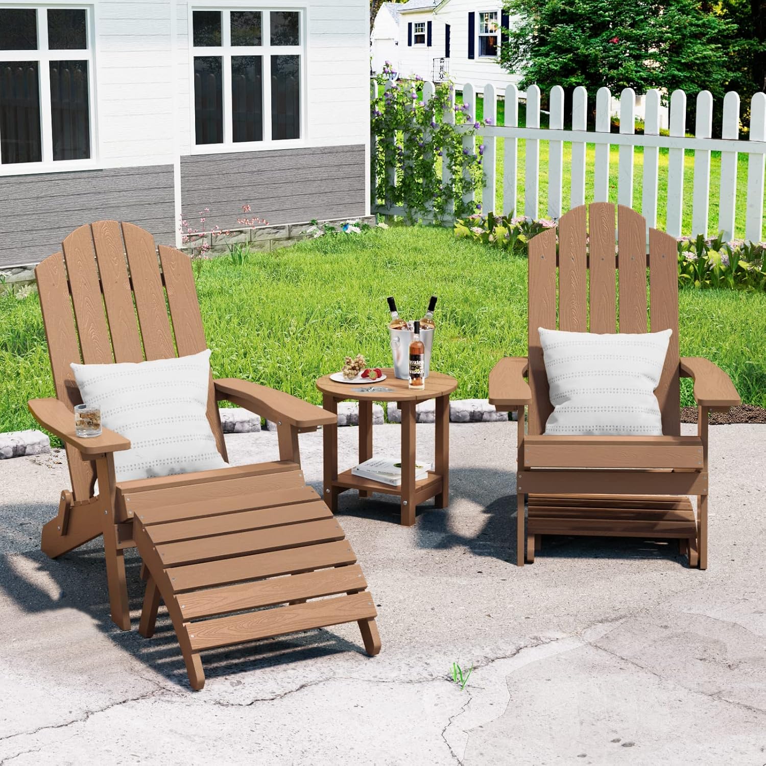 MXIMU Folding Adirondack Chair & Table & Ottoman 5-Piece Set, Weather Resistant Plastic Chairs Adorondic Set for Area Seating Lifetime Wide Use in Backyard, Garden, Lawn, Porch (Teak)