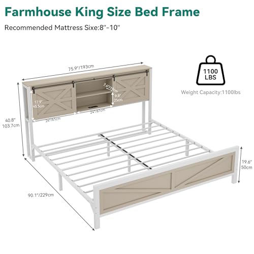 YITAHOME Farmhouse King Size Bed Frame with Headboard, Bookcase Shelves, Sliding Barn Door, Charging Station, Rustic Wood Platform Bed, No Box Spring Needed, Oak