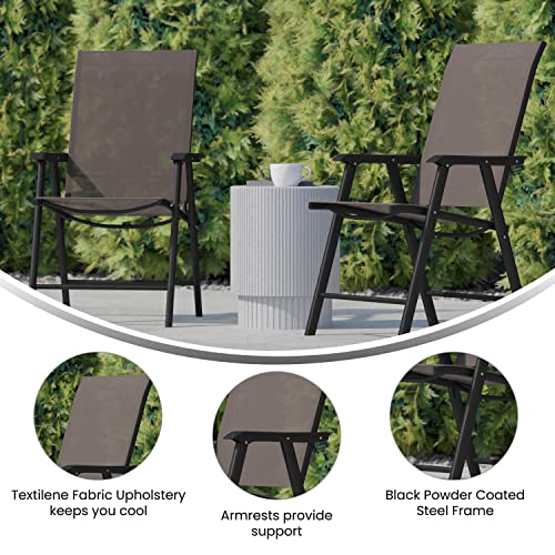 EMMA + OLIVER Priya Folding Patio Chair - Black Metal Frame - Brown Textilene Sling Style Seat - 352 lbs. Static Weight Capacity