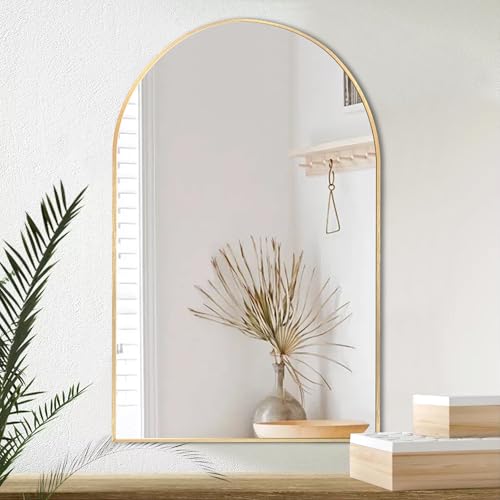 Arch Bathroom Mirror Wall Mounted Vanity Mirror Decor Modern Dresser Mirror Tempered Glass Anti-Rust Shatterproof Metal Framed for Bedroom Living Room Entryway (Gold, 24 * 36inch)