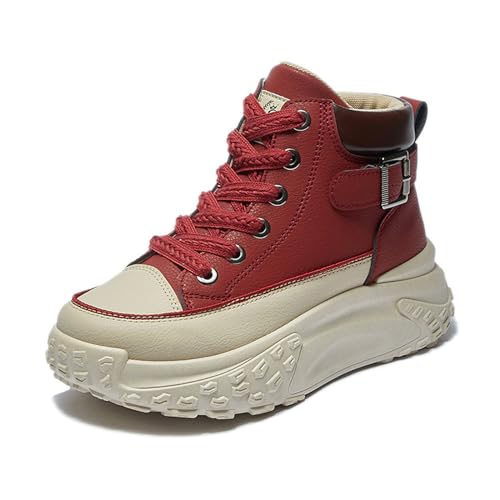 Women's Genuine Leather Lace-Up Platform Sneakers,Outdoor Non-Slip Comfortable High-Top Walking Casual Sneakers