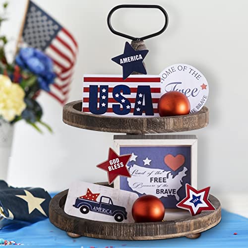 Mustry Rustic Wooden 2 Tiered Tray, Round Farmhouse Kitchen Table Decor Serving Tier Tray, Food Fruits Cupcake Display Coffee Bar Home Party Seasonal Decorations (Brown)