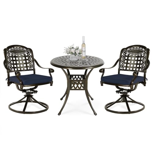 VIVIJASON 3-Piece Patio Bistro Set, Outdoor All-Weather Cast Aluminum Furniture Dining Set, Include 2 Swivel Chairs and 31
