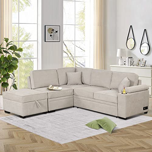 Sleeper Sofa Bed with Storage Ottoman,2 in 1 Pull Out Sofa Bed with 2 Pillows,L-Shaped Sectional Sofa Couch Sleeper Bed with Cup Holdes and Charging Ports for Living Room Bedroom Apartment,Gray
