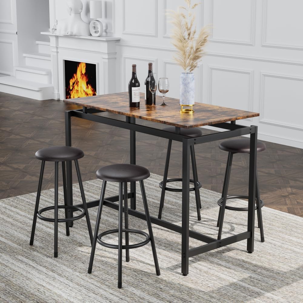 Bar Table and 4 Chairs Set Industrial Counter Height Pub Table with Bar 5 Pieces Dining Set Home Kitchen Breakfast, PU Upholstered Stools with Backrest, Rustic Brown