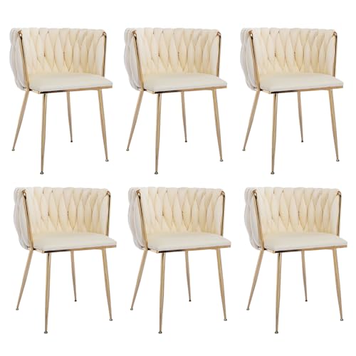 Modern Dining Chairs Set of 2 Velvet Chair, Woven Upholstered Dining Chairs with Gold Metal Legs, Accent Chairs for Dining Room, Kitchen, Vanity, Living Room (Beige)