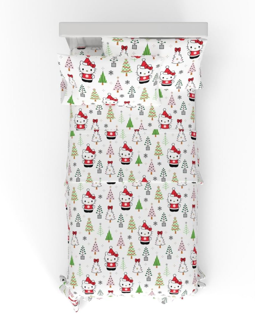Franco Hello Kitty Holiday & Christmas Bedding Super Soft 100% Cotton Flannel Sheet Set, Twin, (Officially Licensed Product)