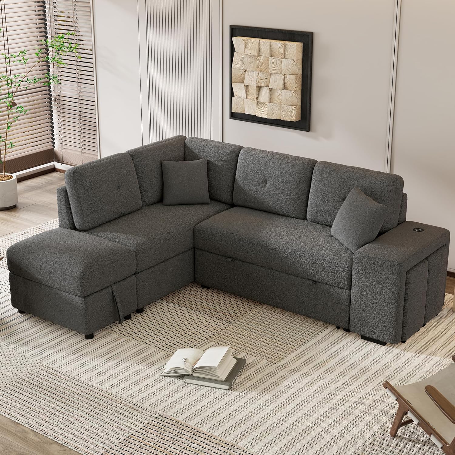 88 '' L Shape Convertible Sleeper Sectional Sofa w/Pull Out Bed & Movable Storage Ottoman, Chenille Upholstered Couch with 2 Throw Pillows and Stools for Living Room, Home, Apartment, Dark Gray