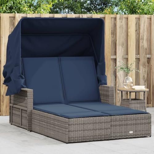 Double Sun Lounger with Canopy and Cushions Gray Poly Rattan,Premium Double Sun Lounger with Adjustable Backrest and Retractable Canopy for Outdoor Relaxation Sun Loungers, Chaise Lounges, Patio Furni