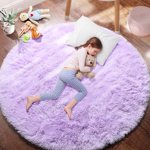 PAGISOFE Round Area Rug,4'X4',Fluffy Rugs for Bedroom, Rugs for girls/boys Room,Fuzzy Rugs for Nursery Playroom,Circle Rugs for Kids Room,Shag Carpet Rugs for Reading Nook,Furry Rugs for Baby,Rainbow