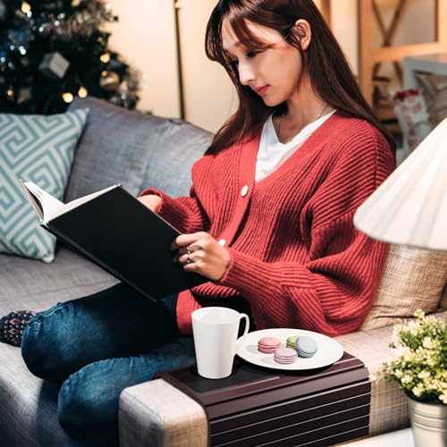 Sofa Arm Tray, Bamboo Couch Tray Sofa Tables for Wide Couches, Armchair Side Table, Couch Cup Holder for Food, Drinks, Snacks, Remote Control, Phone (2 Pack Black)