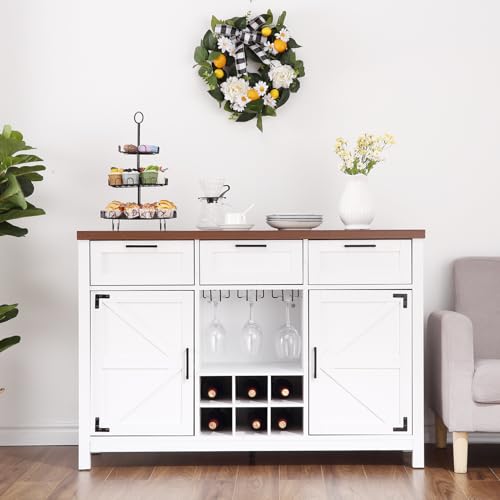 48” Farmhouse Buffet Cabinet - Sideboard with 3 Drawers, 2 Barn Doors, Wine & Glass Rack, Storage Shelves, Ideal for Dining Room, Kitchen, Living Room