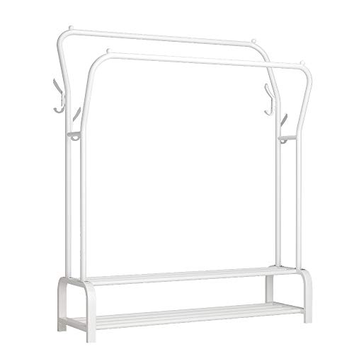 UDEAR Garment Rack Freestanding Hanger Double Rods Multi-functional Bedroom Clothing Rack, Double layer ，4 Hooks，White