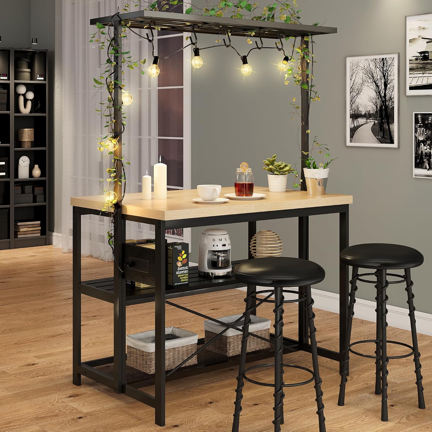 Power Outlet Kitchen Island，Bakers Rack，Coffee Bar Table, Large, Pear Wood Tabletop and Black Metal Frame