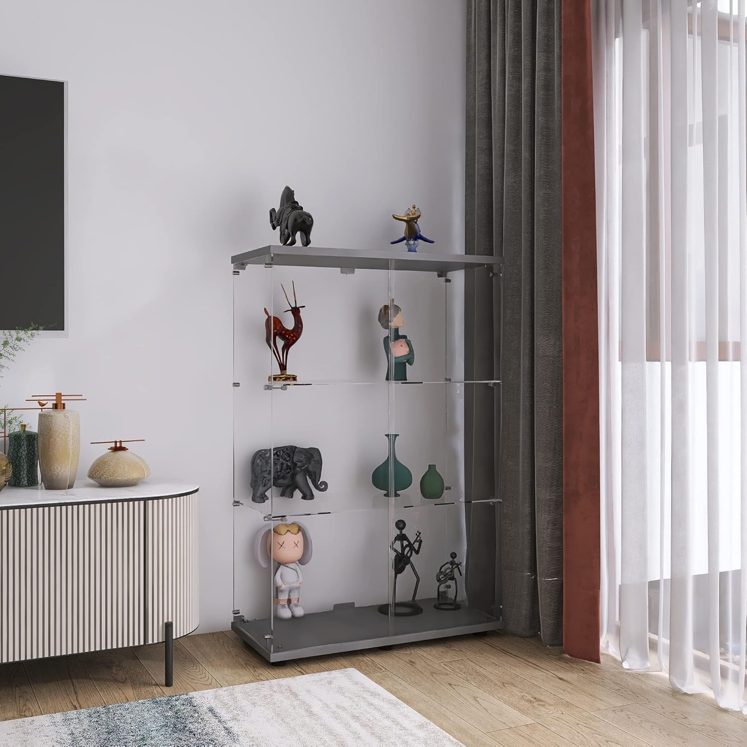 49 Inch High Storage Cabinets with Glass Doors, 3 Shelves Glass Display Cabinet for Living Room, Floor Standing Glass Storage Shelf with Key, Curio Display Cabinet Bookshelf for The Study, Black