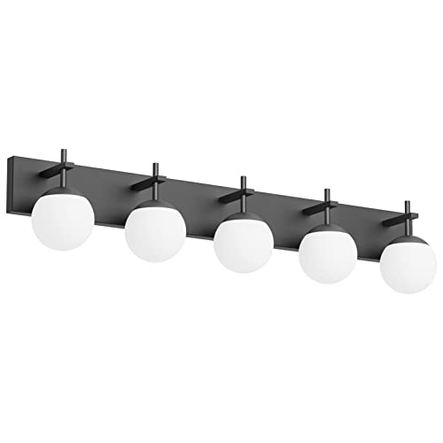 Ralbay Mid Century Modern Vanity Lights for Bathroom 5-Light Milky Glass Globe Modern Bathroom Vanity Lights Over Long Mirror, Black/Golden Bathroom Wall Light Fixture (Exclude Bulb)
