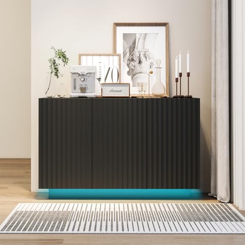 Fluted Black Storage Cabinet, Sideboard Buffet Cabinet with 4 Doors, 64