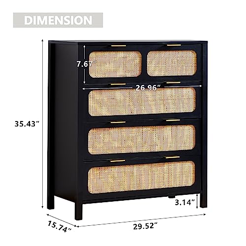 4 Drawer Dresser with Rattan Finish, Modern Farmhouse Chest of Drawers with Metal Handles, Accent Wood Storage Cabinet for Bedroom, Living Room and Kitchen (Black-4 Drawers-2 Packs)