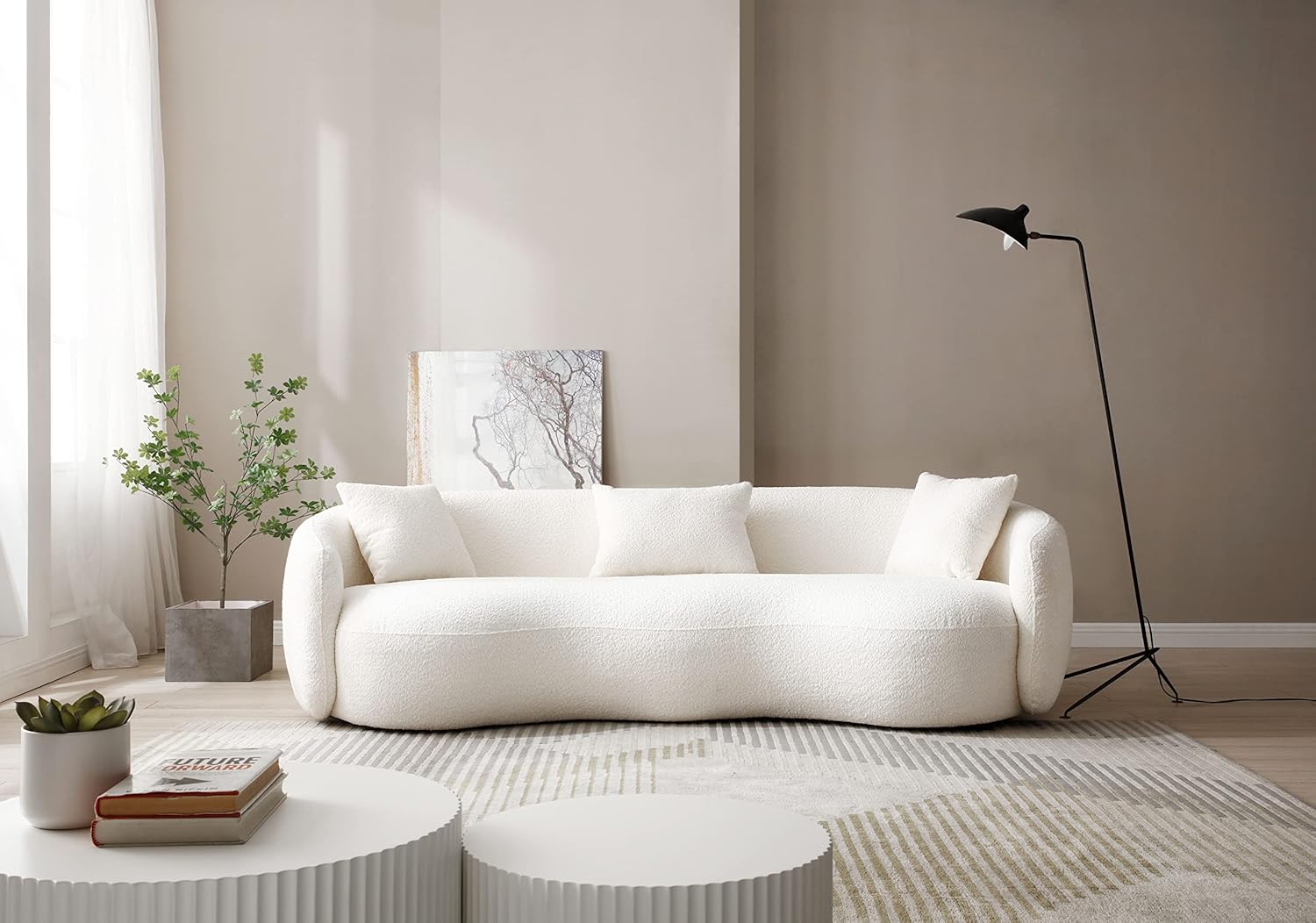 Unique Curved Sofa,Modern Boucle Upholstered Cloud Couch with 3 Throw Pillows, 4-Seat Teddy Fleece Leisure Sectional Sofa&Couch Lounge Chaise for Living Room, Office, Apartment, Beige 93.6