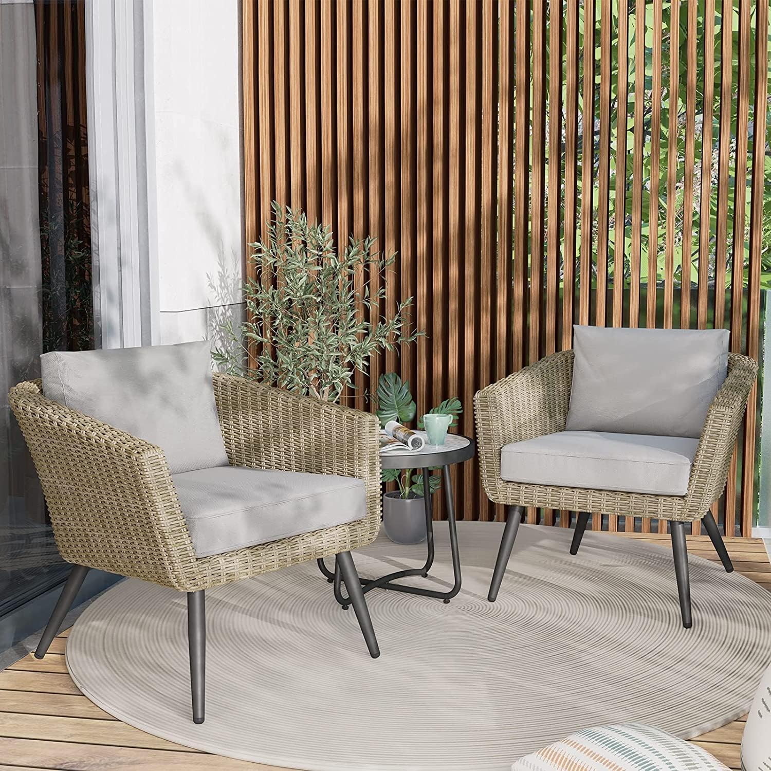 Grand patio 3-Piece Patio Bistro Set with Coffee Table Wicker Outdoor Conversation Chairs Sets with Heavy-Duty Anti-Rust Aluminum Frame for Balcony Yard Gray Cushions